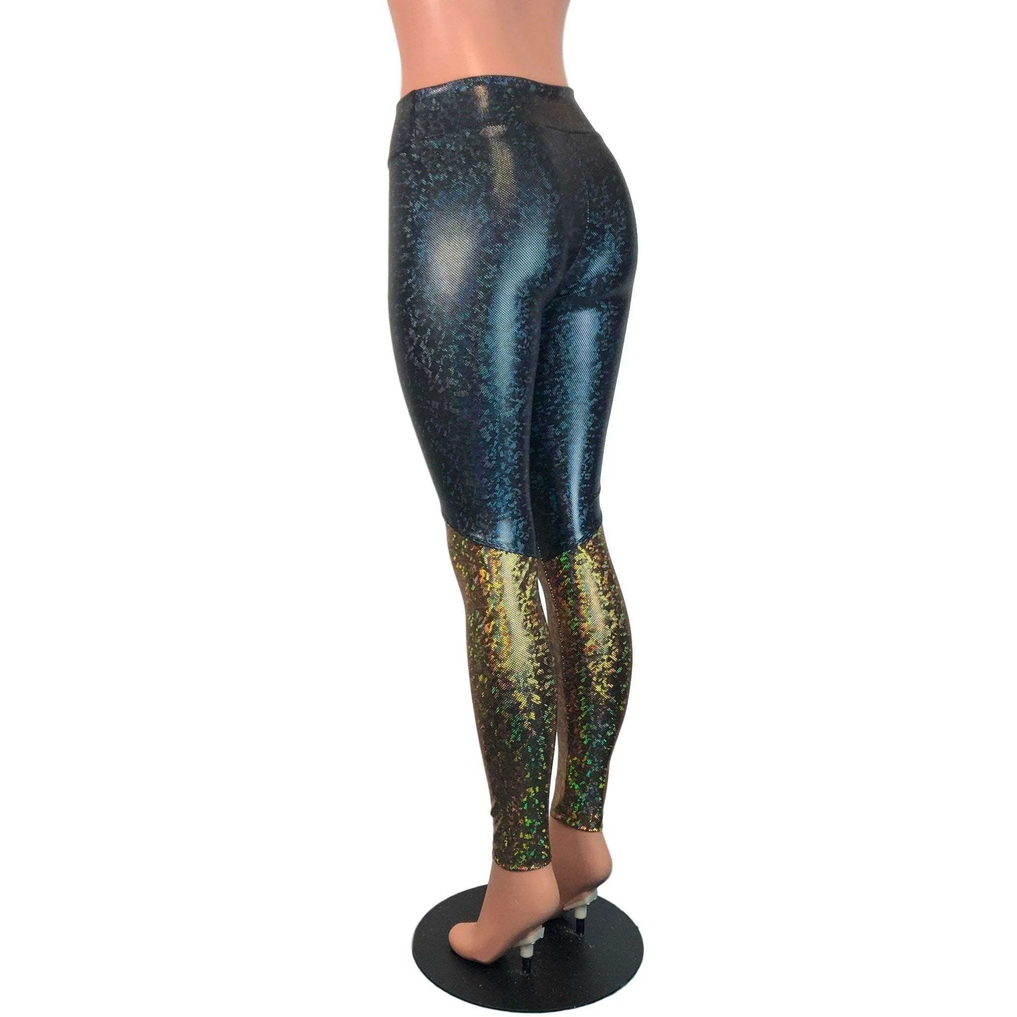 Black & Gold Shattered Glass Holographic *Mid-Rise* Leggings Pants