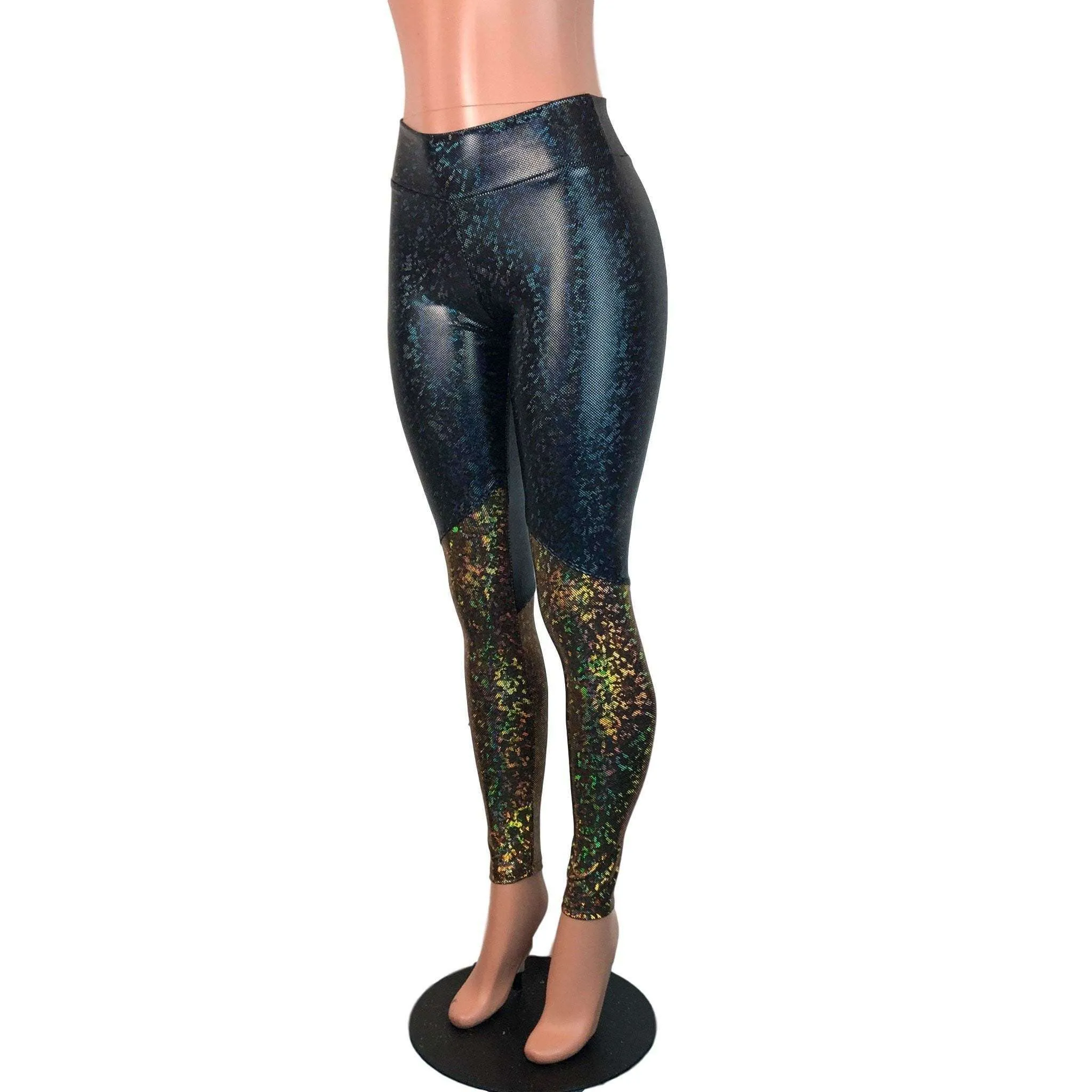 Black & Gold Shattered Glass Holographic *Mid-Rise* Leggings Pants