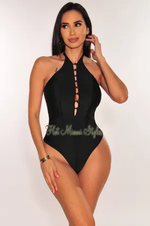 Black Halter Button Up Bodysuit