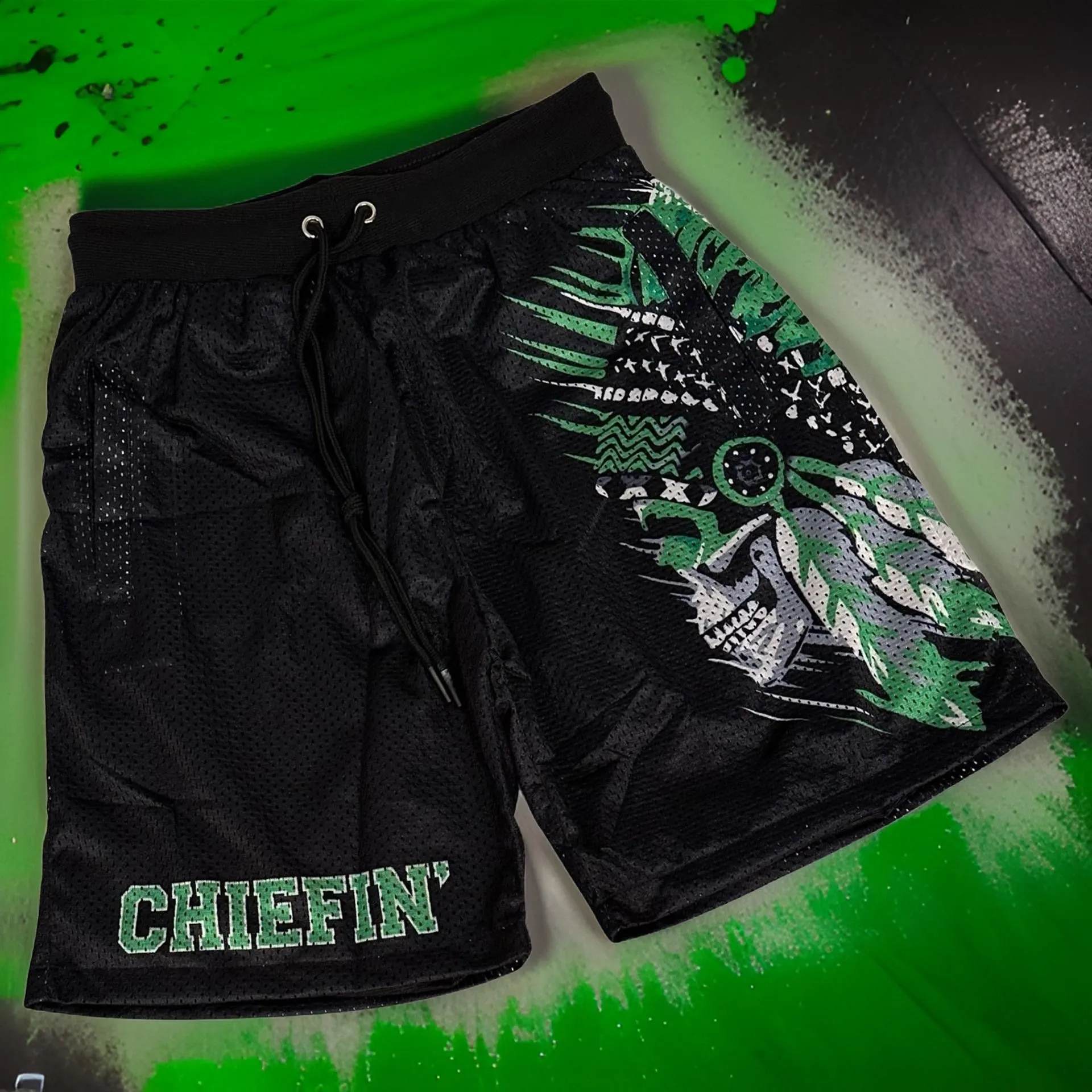 *CHIEFIN’ 23* (BLACK-GREEN) MESH BASKETBALL SHORTS