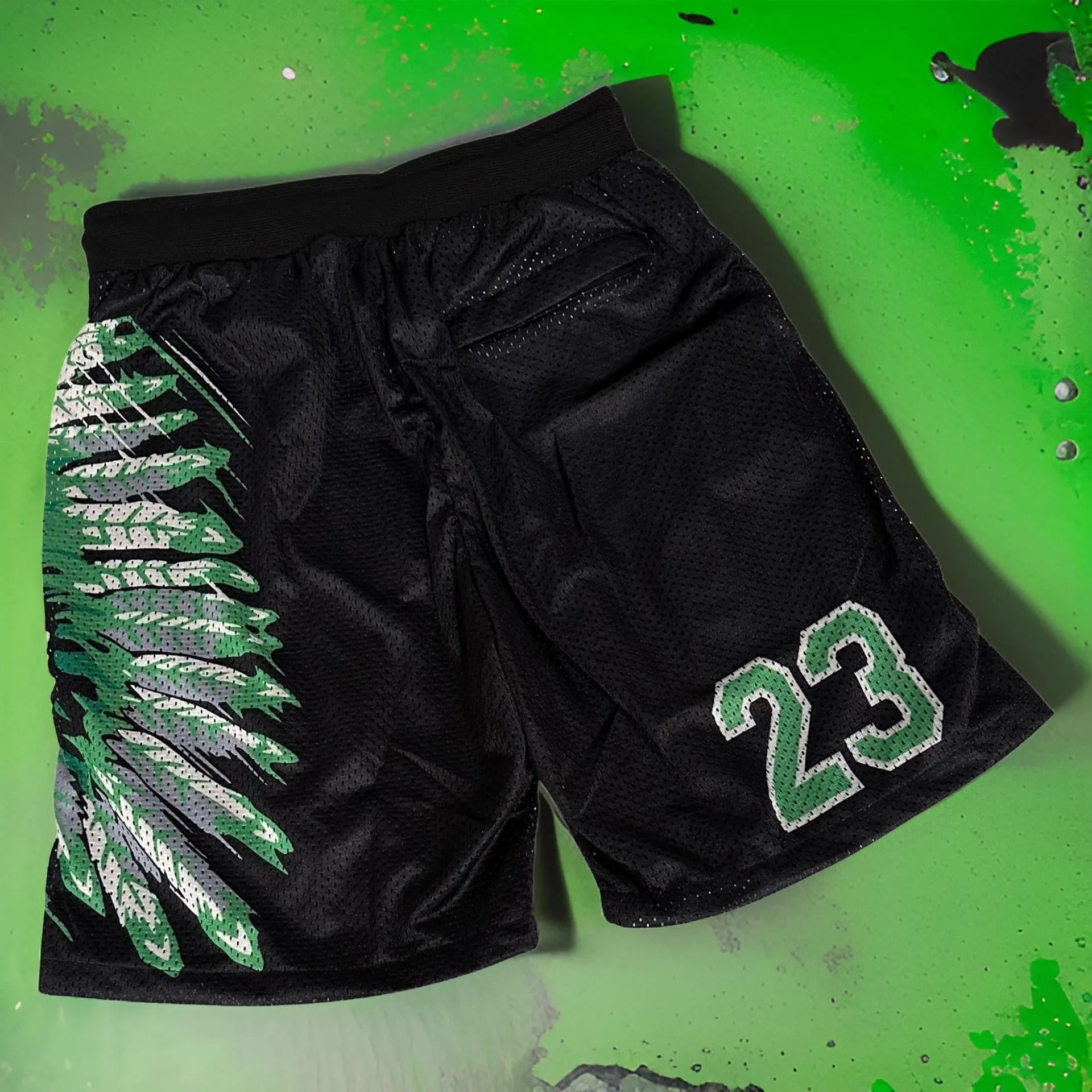 *CHIEFIN’ 23* (BLACK-GREEN) MESH BASKETBALL SHORTS