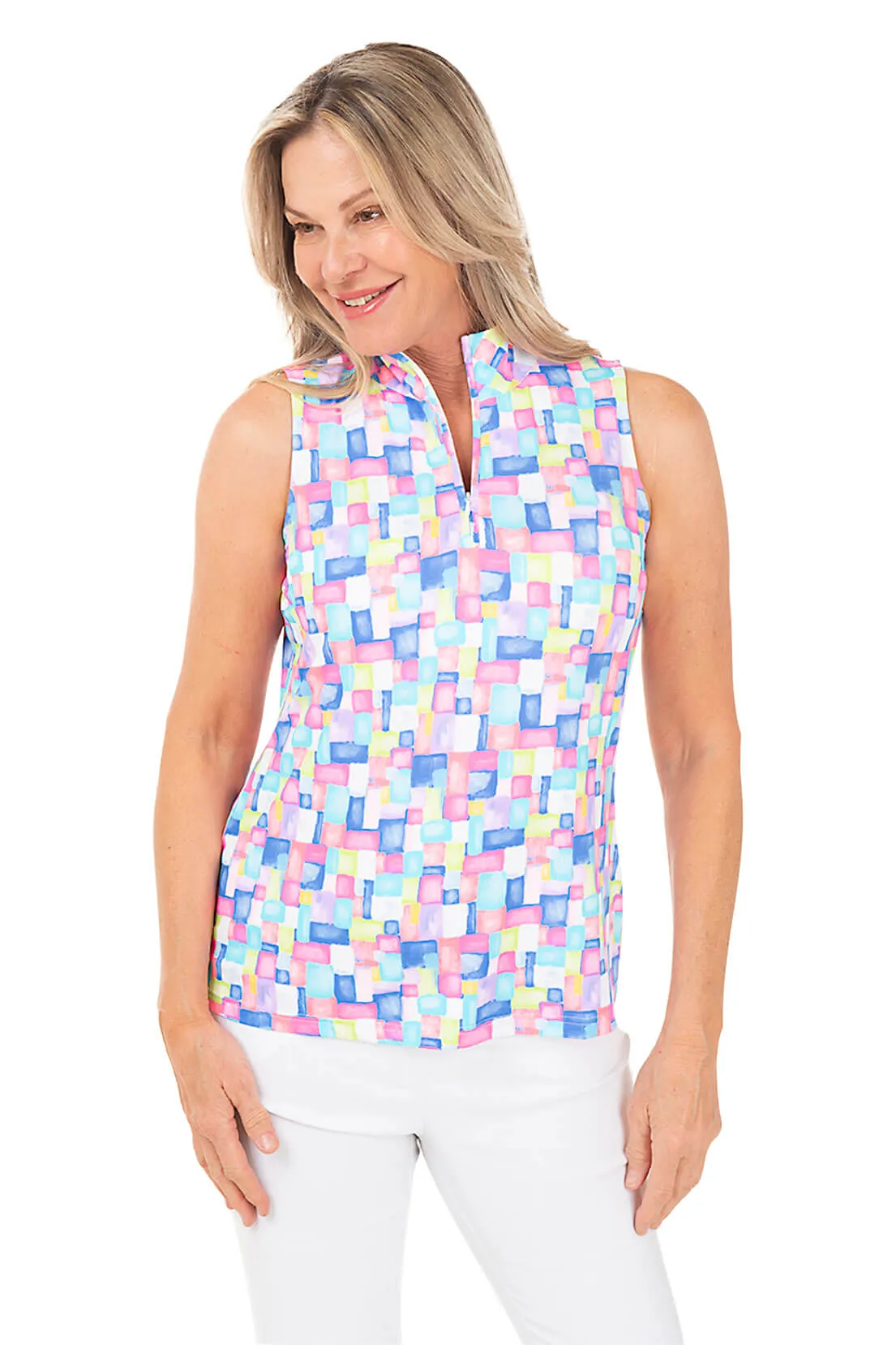 Colorful Cubes Cooling UPF50  Sleeveless Zip Top