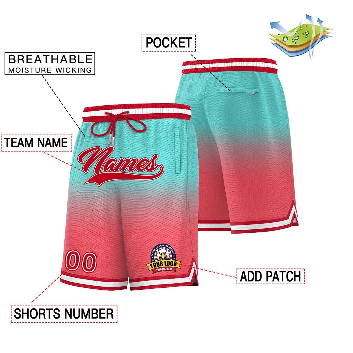 Custom Aqua Light Red Personalized Gradient Fashion Basketball Shorts