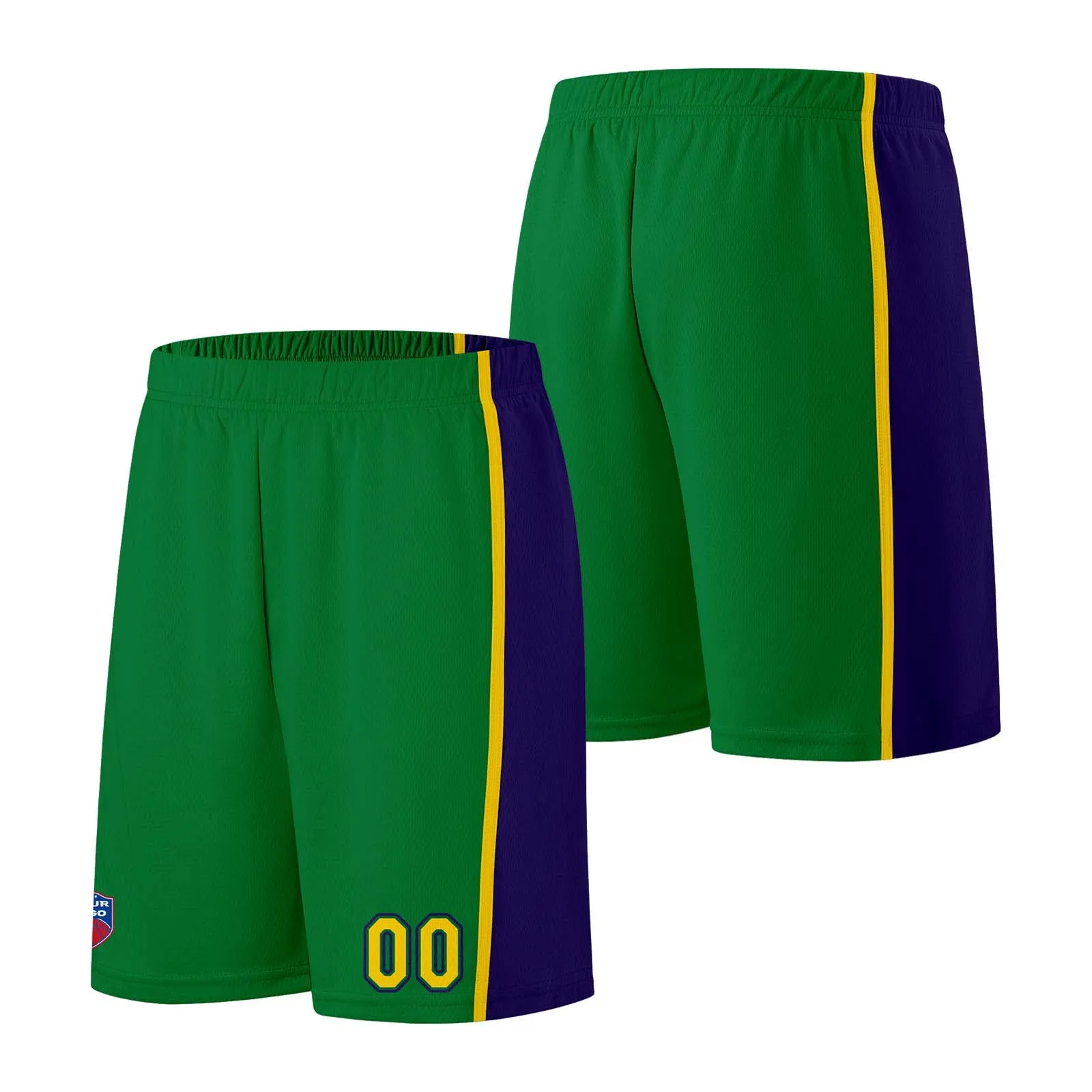 Custom basketball jersey shorts for men and women. Embroidered and printed name, number and logo Green