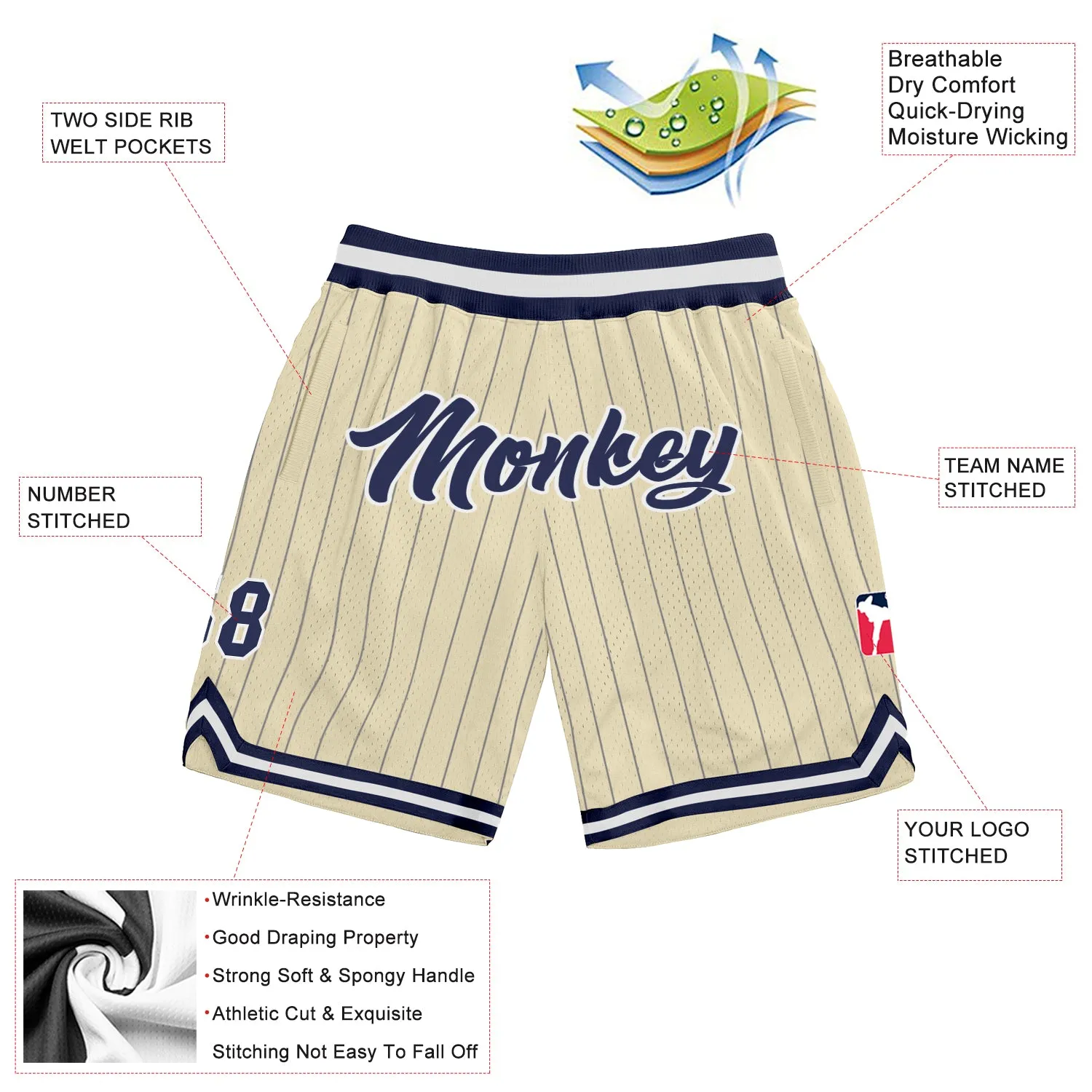 Custom Cream Navy Pinstripe Navy-White Authentic Basketball Shorts