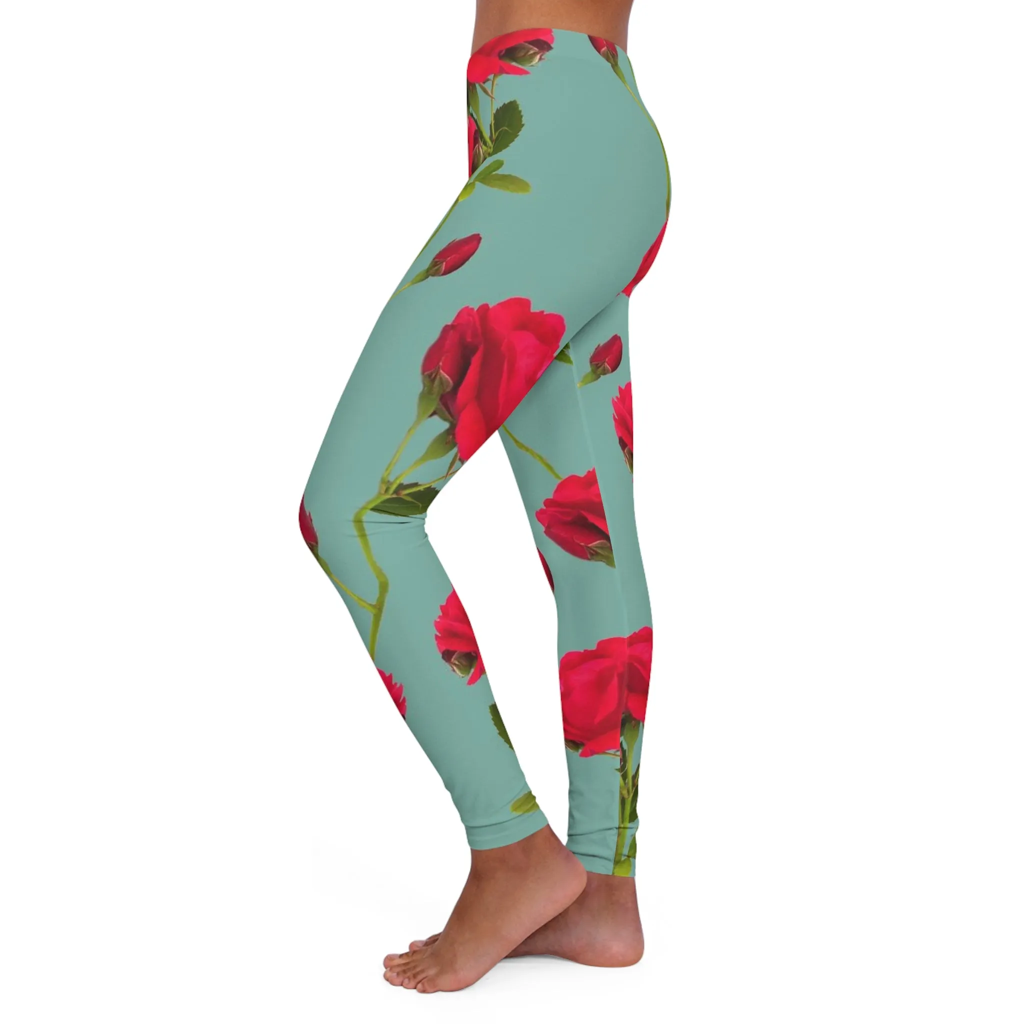 Red Flowers and blue - Inovax Women's Spandex Leggings