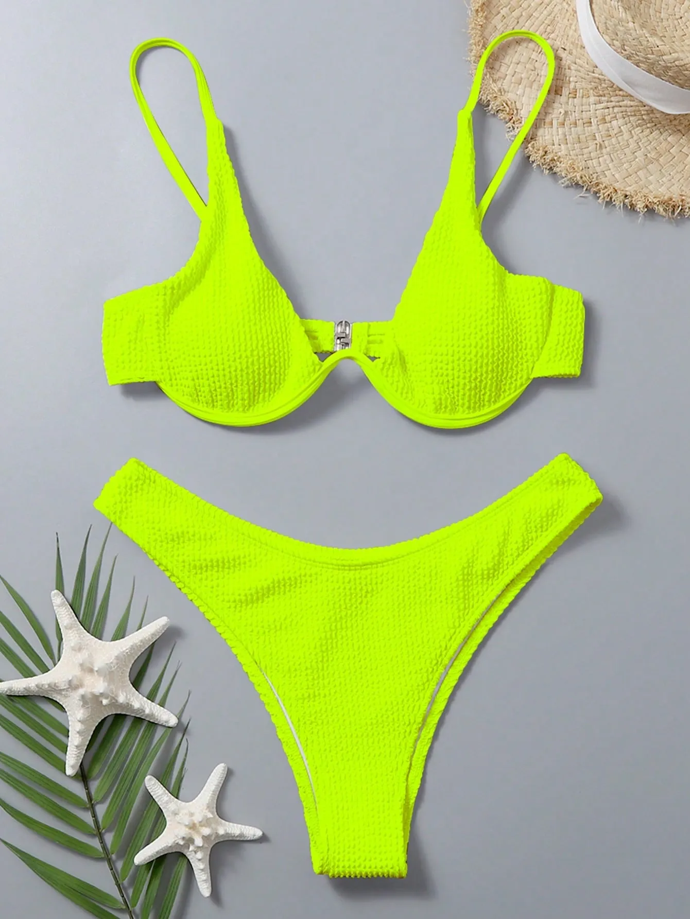 SHEIN Swim Summer Beach Textured Underwire Supportive V-Neck Bikini Set