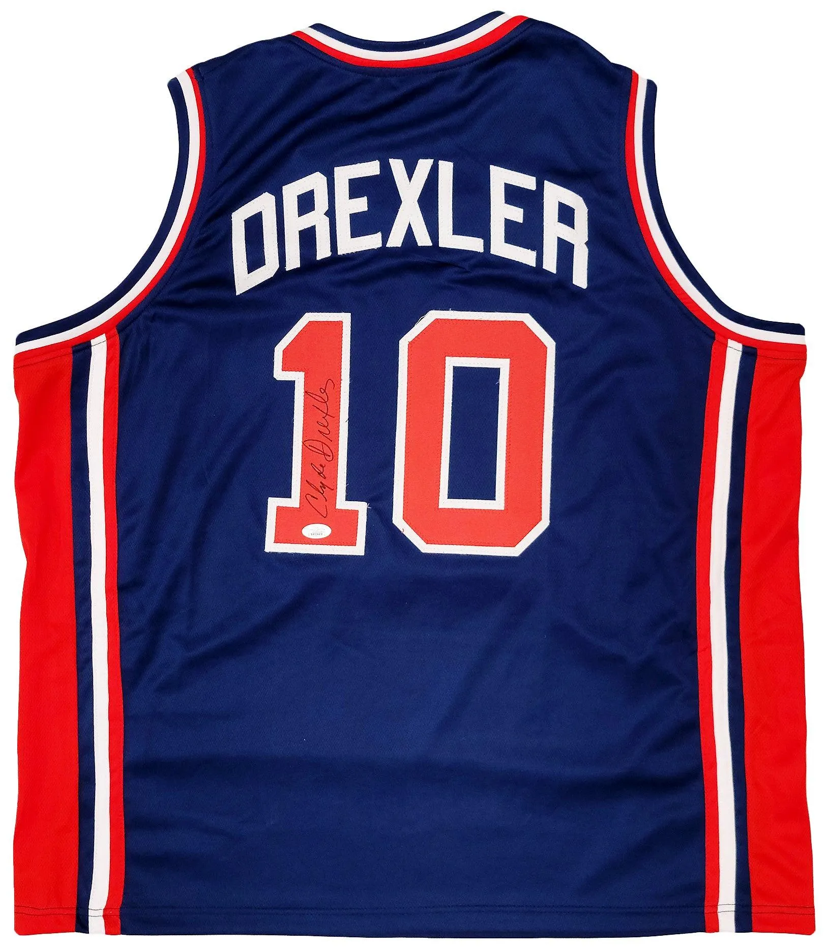 Team USA Clyde Drexler Autographed Blue Jersey The Glide JSA Stock #202348