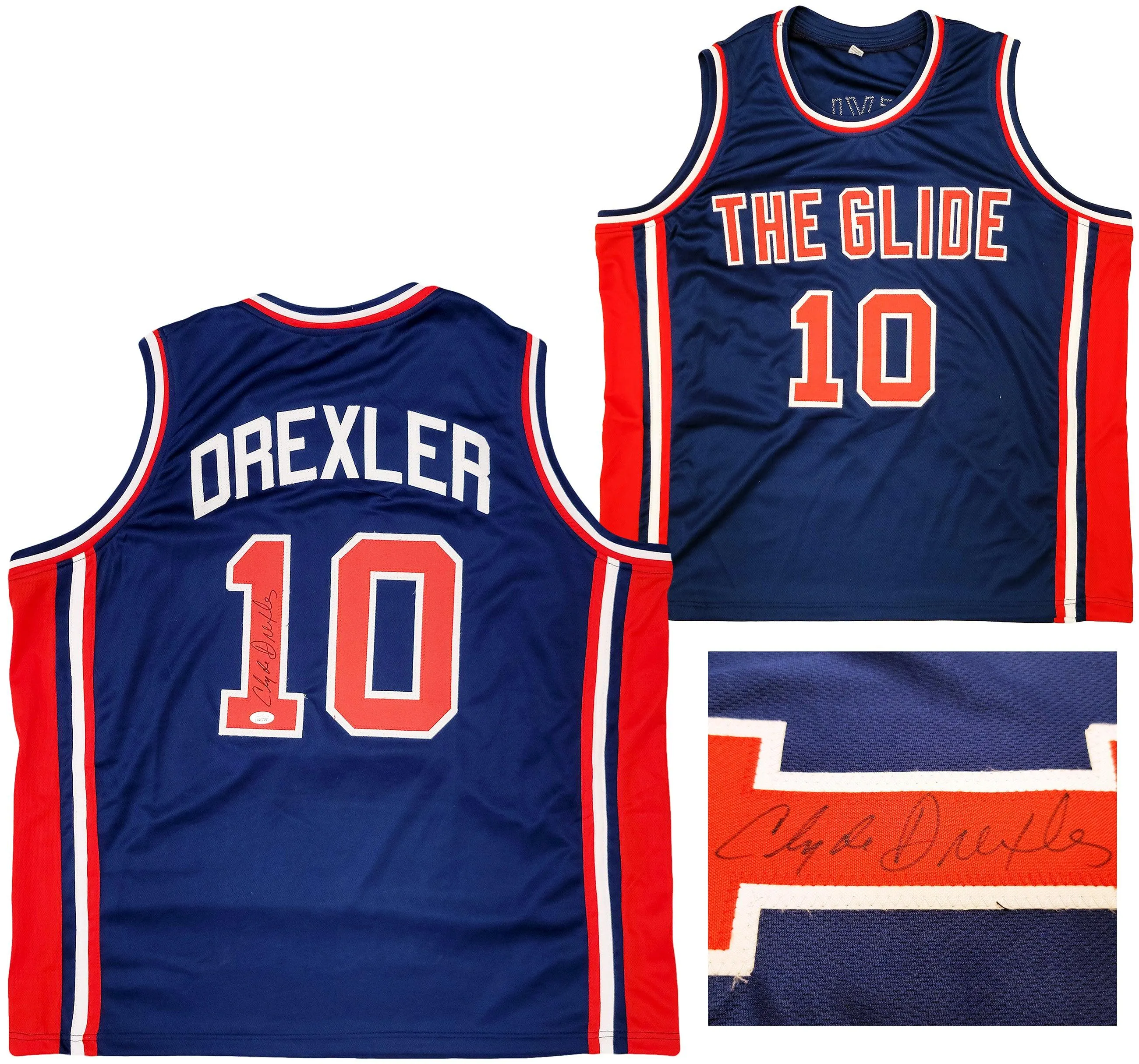 Team USA Clyde Drexler Autographed Blue Jersey The Glide JSA Stock #202348