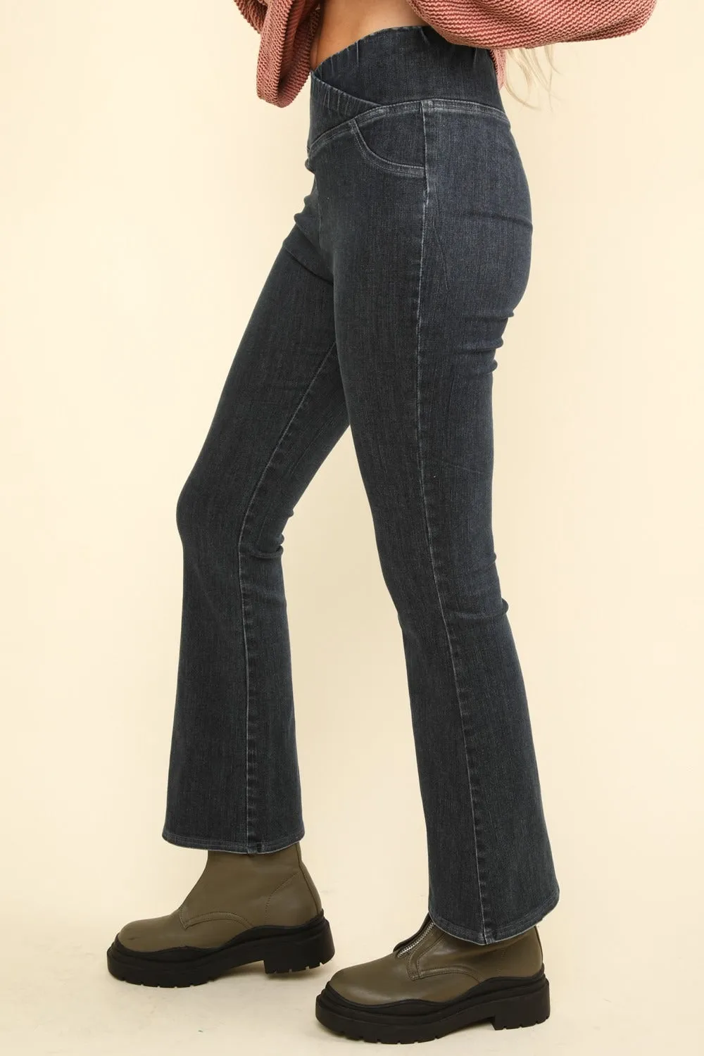 Washed Denim Stretchy Crossover Waist Leggings